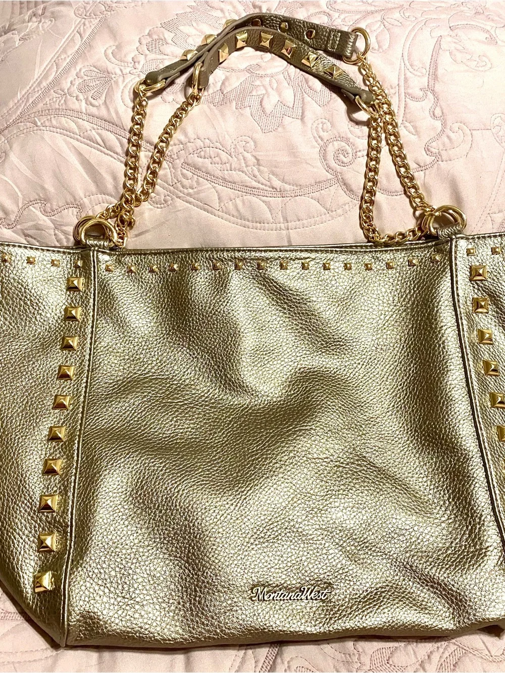 Montana West Metallic Taupe Studded Chain-Handle Tote